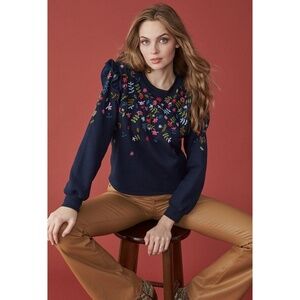Mi Golondrina Lago Sweatshirt Women's S Blue Floral Embroidered Long Sleeve